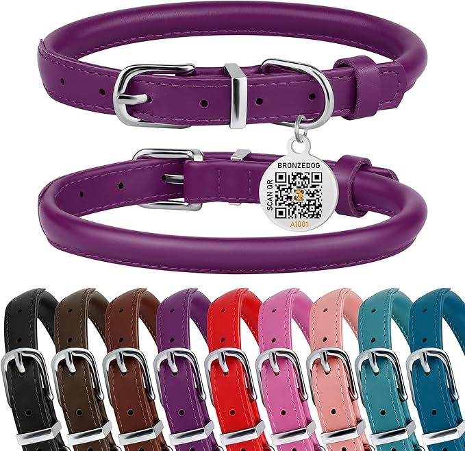 BRONZEDOG Rolled Leather Dog Collar for Small Medium Large Dogs with QR ID Tag (S: 12-14 Inch, Plum)