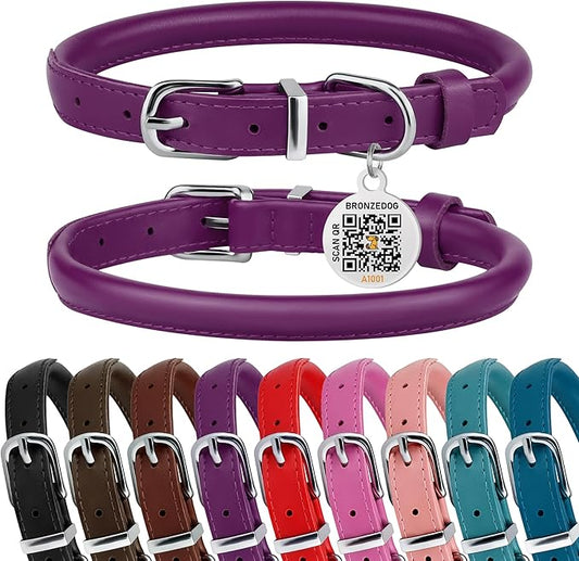 BRONZEDOG Rolled Leather Dog Collar for Small Medium Large Dogs with QR ID Tag (S: 12-14 Inch, Plum)