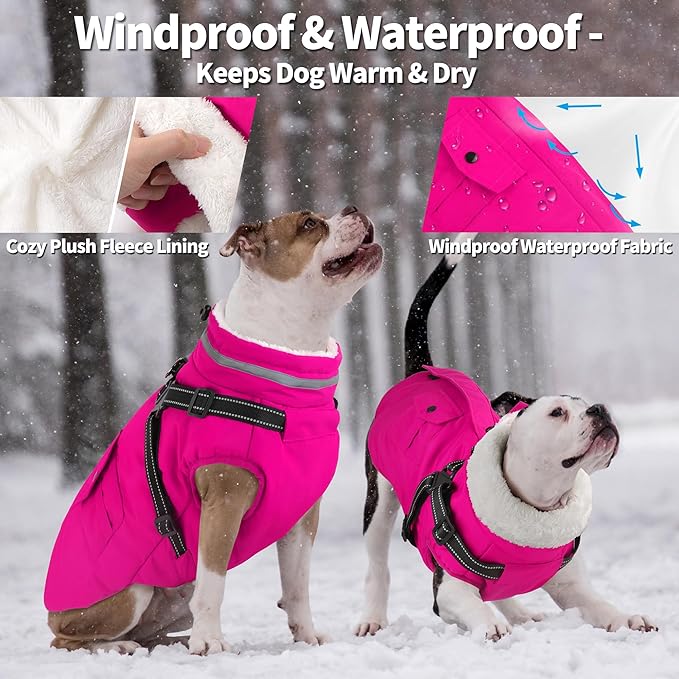 Dogcheer Dog Coat with Harness, Waterproof Warm Dog Winter Jacket with Pockets, Reflective Pet Fleece Jacket Turtleneck Snowsuit for Small Medium Large Dogs - Pink, M