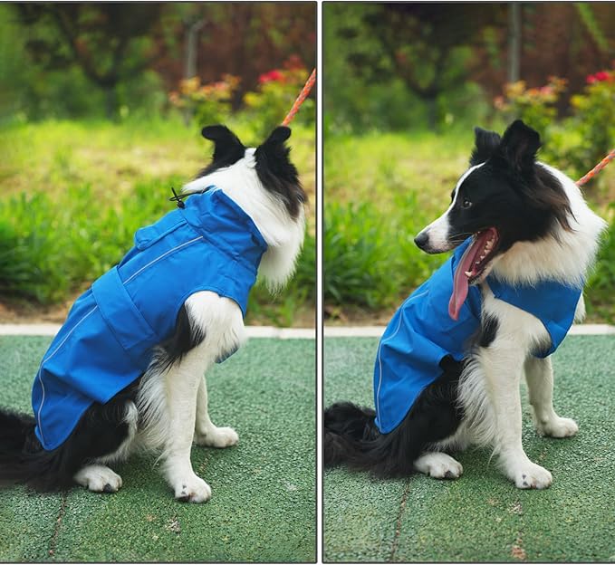 Waterproof Dog Raincoat, Adjustable Lightweight Dog Rain Jacket with Reflective Strip Leash Hole for Small Medium Large Dogs (Blue, X-Large(37-55lb))