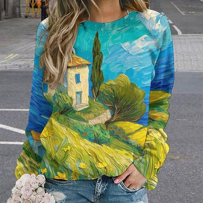 Long Sleeve Shirts for Women Cat Oil Painting Shirt 3D Graphic Sweatshirts Fall Pullover Crewneck Vintage Boho Tops