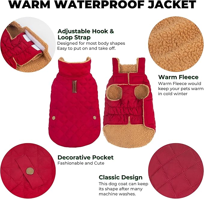 Dog Coat, Warm Soft Dog Winter Coats for Small Dogs, Waterproof Windproof Dogs Adjustable Jacket with Fleece Lined Turtleneck Doggy Snowsuit with Leash Hole, Red Large