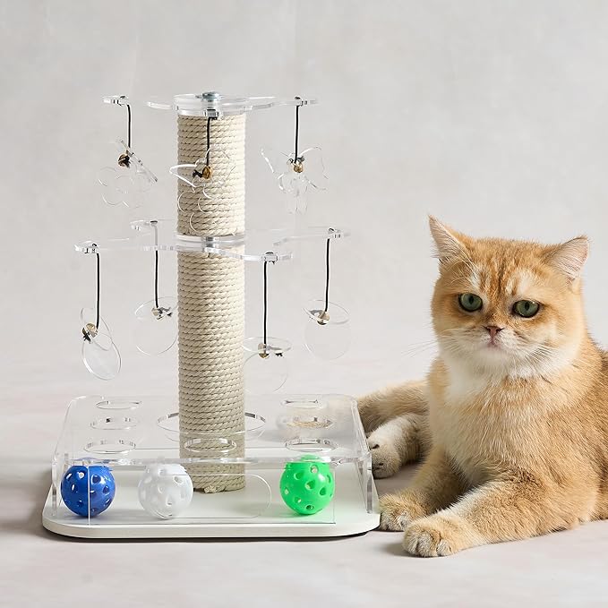 Modern 3-in-1 Interactive Cat Toy with Scratching Post, Cat Puzzle Toys for Indoor Cats with Colorful Jingle Balls, 2-Layer Spinning Teaser Disc with Dangling Toys, Acrylic, White
