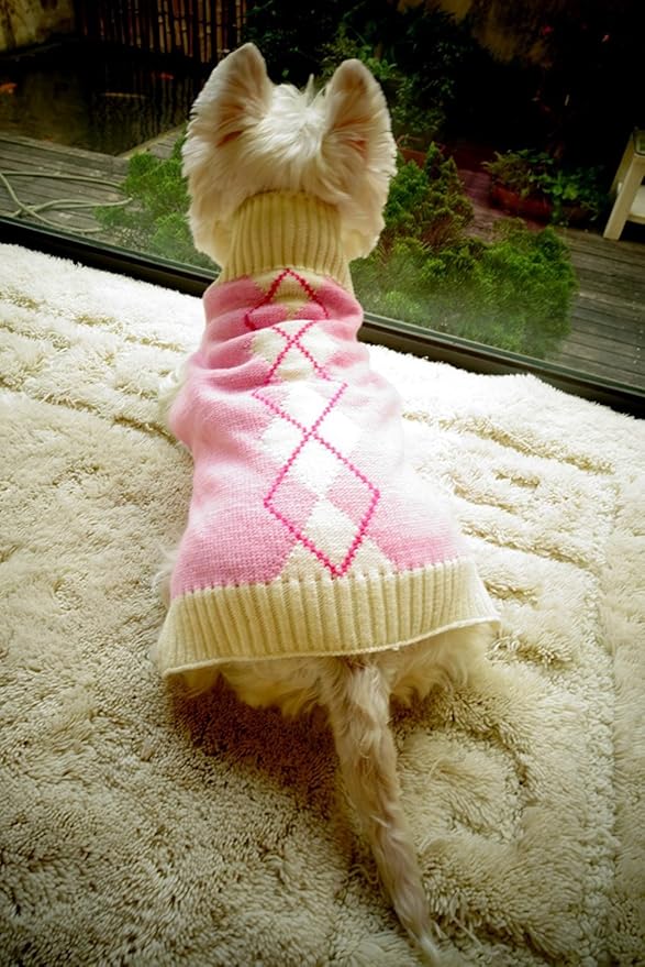 Pink Argyle Knit Dog Sweater for Girl, Pet Clothes for Dog Coat Sweatshirt Large (L) Girth 18-20"