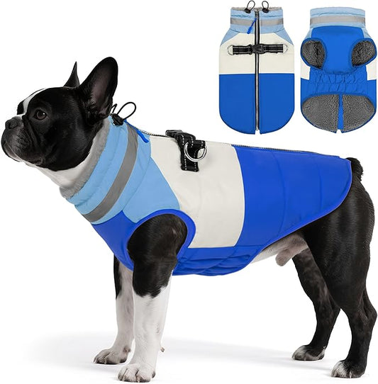 Dog Coat, Waterproof Dog Winter Coats for Small Dogs, Reflective Dogs Jacket with Harness Built in, Zip-up Cold Weather Coats Pet Vest Turtleneck Doggy Snowsuit, Blue Medium