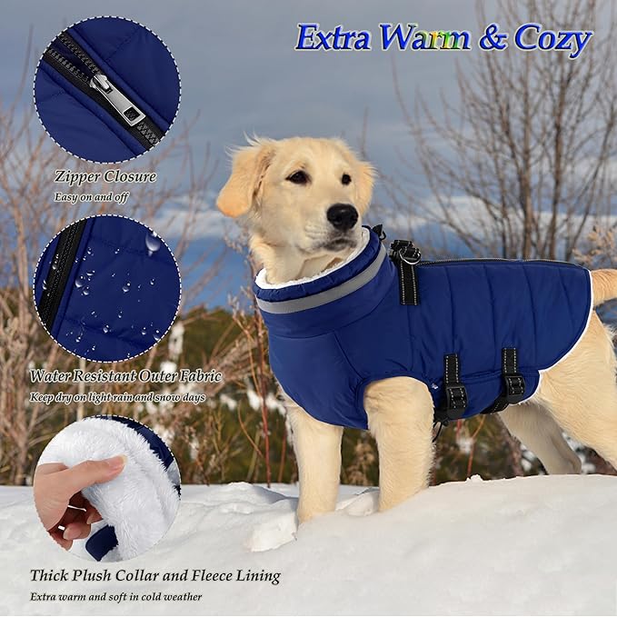 Dogcheer Dog Coat, Waterproof Dog Jacket with Harness, Reflective Adjustable Puppy Winter Coat with Zipper, Christmas Snow Jacket Clothes for Small Medium Large Dogs - Blue M