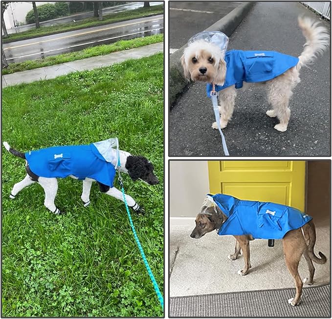 Dog Raincoat Waterproof, Adjustable Reflective Hooded Dog Rain Poncho with Leash Hole for Small Medium Large Dogs (Blue, Medium)