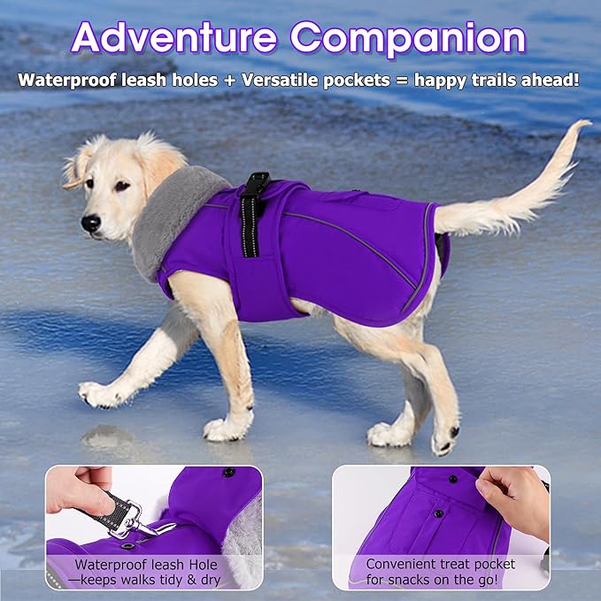 Dogcheer Dog Coat with Pocket, Waterproof Dog Jacket with Adjustable Buckle, Reflective Puppy Winter Coat Warm Turtleneck Fleece SnowJacket for Small Medium Large Dogs - Purple M