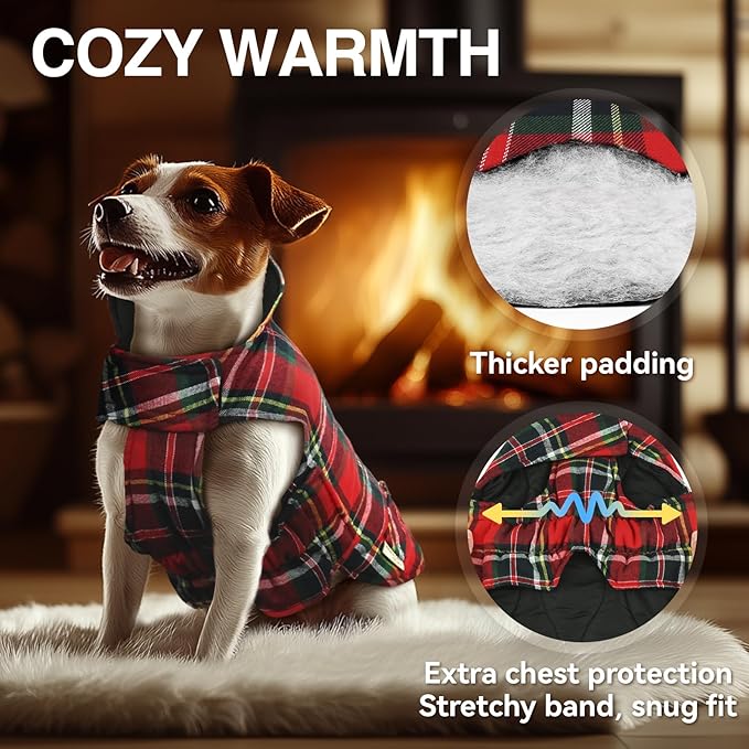 VIVAGLORY Softjoy Dog Coat, Dog Jacket for Winter & Christmas, Coat with Harness Hole & Velcro Closure, Reversible Plaid Checkered Warm Fluffy Heavy Duty for Puppy, XL, Red