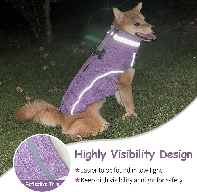 Malier Dog Coat, Reflective Dog Jacket Waterproof Windproof Puppy Cold Weather Coats with Harness Built in, Winter Extra Warm Pet Coat Fleece Vest for Small Large Pets and Puppy (Purple, X-Large)