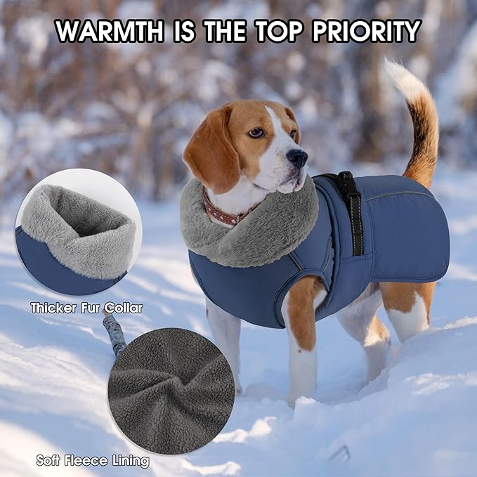 PETDSH Dog Coat Large, Windproof Dog Jacket with Warm Fleece Lining, Thickened Collar Dogs Winter Coat, Adjustable Reflective Pet Coats for Cold Weather (Navy Blue, X-Large)