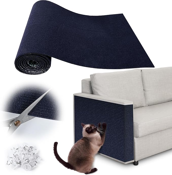 Cat Scratch Furniture Protector - 138" x 17" Trimmable Self-Adhesive Cats Claws Scratch Pads, DIY Cat Climbing Couch Protector for Scratch Post Cat Tree Replacement Indoor (Dark Blue)