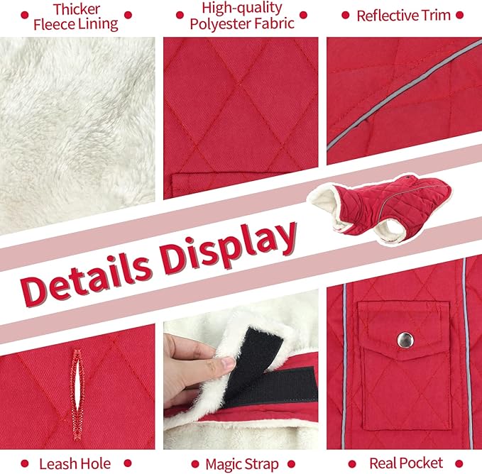 Malier Dog Winter Coat, Windproof Dog Cold Weather Coats with Real Pocket, Winter Extra Warm Pet Coat Fleece Jacket Reflective Clothes for Small Medium Large Dogs and Puppy (Red, XX-Large)