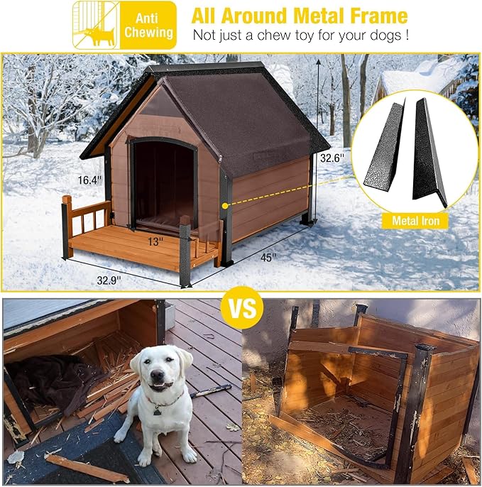 Outdoor Dog House with All-Around Insulated Liner Weatherproof Puppy Shelter Indoor Dog Kennel, Anti-Bite Dog Home for Large Breed with Porch (Brown (Heated Liner), Medium)