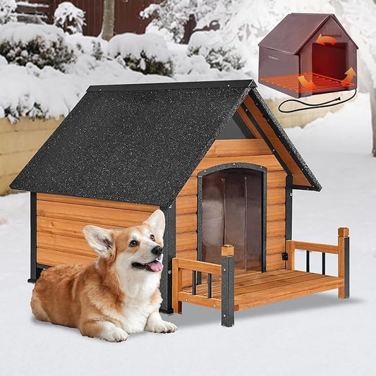 GUTINNEEN Heated Dog House Outdoor for Winter with Anti-Bite Design, Dog Kennel with Heating Blanket, Asphalt Roof, for Small to Medium Dogs - Brown