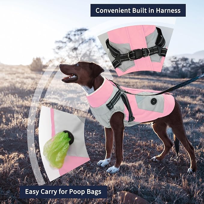 IECOii Large Dog Coat with Harness Built in - Pink, Large - Waterproof Windproof Dog Winter Coat, Fleece Lined Zip Snow Jacket for Dogs Thermal Outdoor Snowsuit Cold Weather Jackets Bulldog