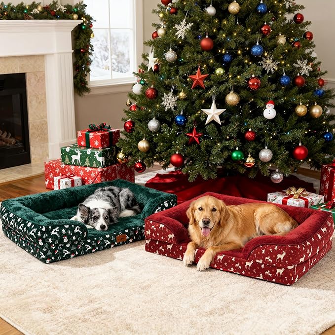 Comfort Expression Orthopedic Dog Bed for Extra Large Dogs 42x30 Inch, Waterproof Egg Crate Foam XL Pet Bed with Removable Bolsters, Dog Couch with Washable Cover & Non-Slip Bottom, Christmas Red