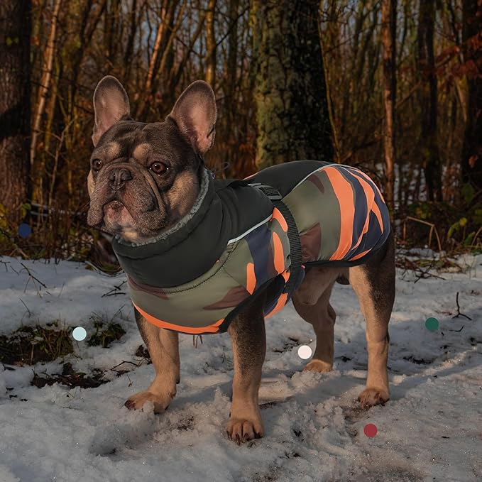 IECOii Extra Warm Dog Coat - Adjustable Winter Jacket with Buckle, Fleece Turtleneck, Reflective Accents, Orange Camo for Small to Extra Large Dogs