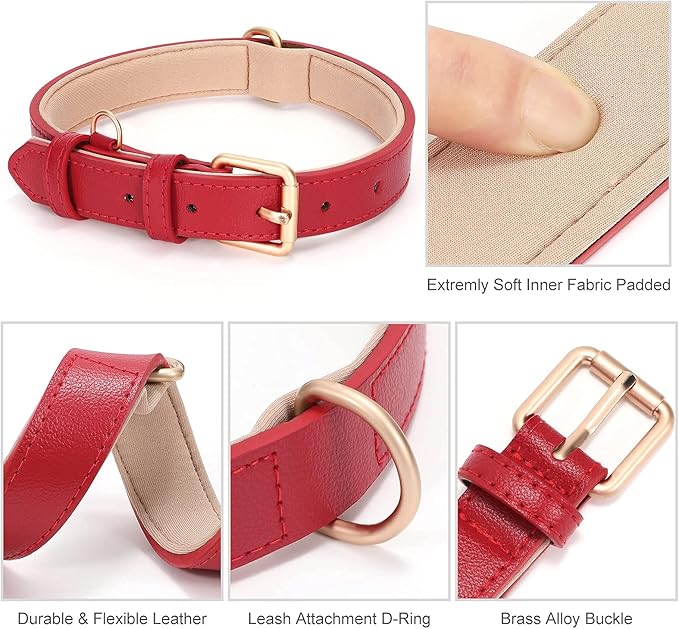 WHIPPY Leather Dog Collar for Small Medium Large Dog Adjustable Soft Breathable Leather Padded Puppy Collar with Alloy Buckle Heavy Duty Waterproof Classic Dog Pet Collar,red,L