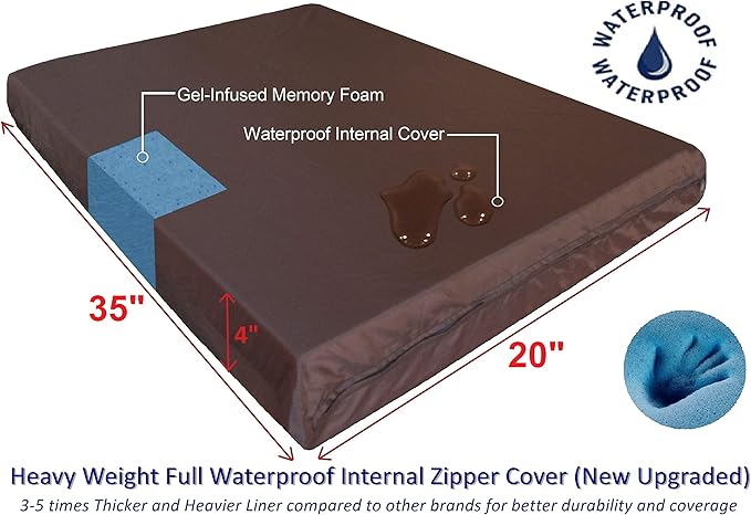 Dogbed4less Orthopedic Gel Memory Foam Pet Dog Bed, Waterproof Liner with External Microsuede Cover and Bonus Antislip Cover (Microsuede Gray, 35"X20"X4" Inches)