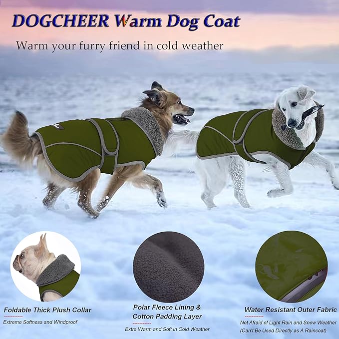 Dogcheer Dog Coat, Waterproof Dog Jacket Reflective Pet Winter Coat with Adjustable Hook & Loop, Christmas Puppy Fleece Jacket Warm Turtleneck Snowsuit for Small Medium Large Dogs - Green, XL