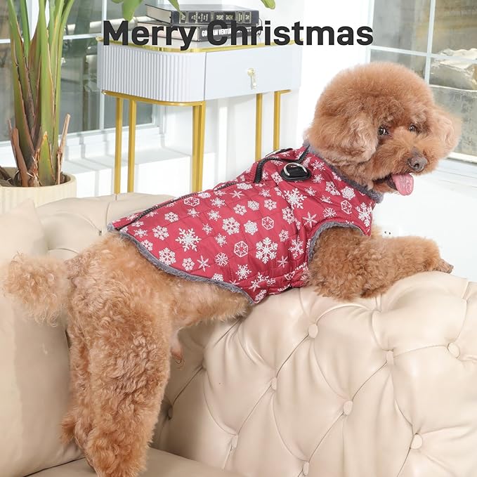 Warm Fleece Dog Coats with Durable Harness Buitl in D-Ring,Waterproof Doggie Jacket for Large Dogs,Dog Vest for Cold Winter,Red,Snow Pattern XXXL