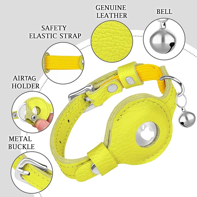 OOPSDOGGY Cat Collar for AirTag Holder, Leather Kitten Collars with Elastic Strap & Bell, Non Breakaway Adjustable Small Pet Collars for Indoor & Outdoor for Boy, Girl (Yellow)