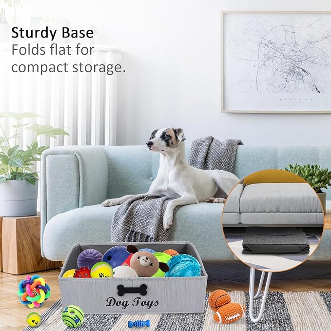 Large Dog Toy Basket Collapsible Dog Toy Box Fabric Trapezoid Dog Toy Bin Storage for organizing pet Toys/Blankets/leashes/Rope Toys/Clothing-Can be Personalized-Slub Gray