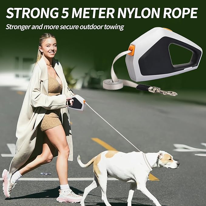 Vivicreate Heavy Duty Retractable Dog Leash – 16ft Strong Nylon Tape Leash for Medium & Large Dogs up to 110 lbs – One-Handed Brake, Pause, Lock – for Walking, Training (Gray)