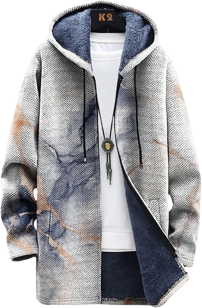 Mens Long Cardigan Hoodies Full Zip Fleece Lined Jackets Fashion Knitted Color Block Hooded Coat with Pockets