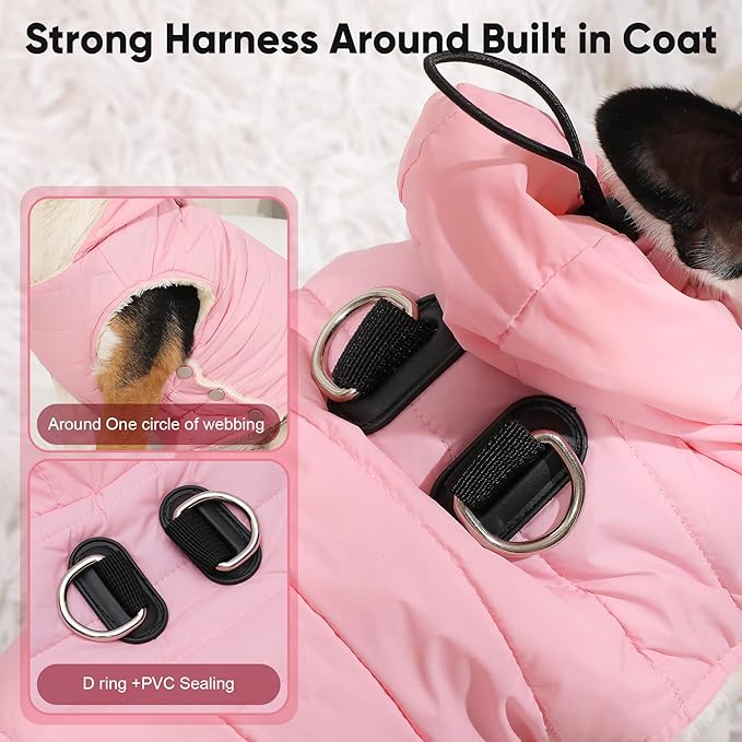 Fleece Lining Dog Hoodie with Harness Built in,Extra Warm Medium Dog Jacket in Winter Doggie Coats with Drawstring Hooded,Light Pink XL