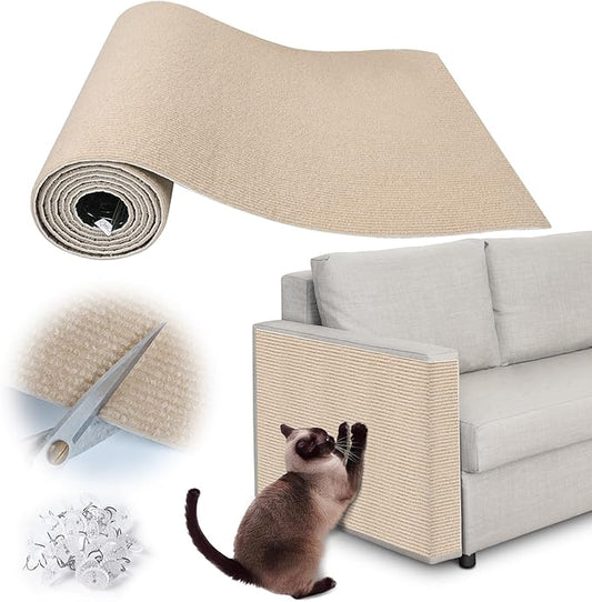 Cat Scratch Furniture Protector - 138" x 17" Trimmable Self-Adhesive Cats Claws Scratch Pads, DIY Cat Climbing Couch Protector for Scratch Post Cat Tree Replacement Indoor (Khaki)
