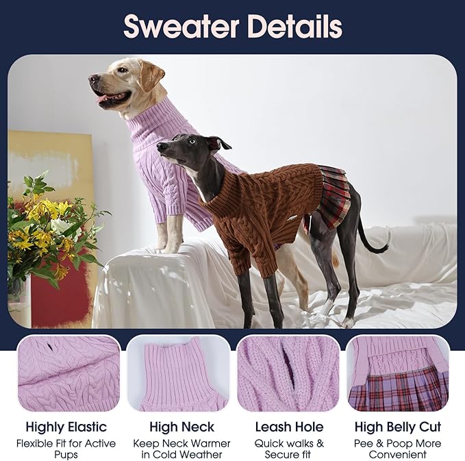 IECOii Girl Dog Sweater Dress, Great Dane Sweaters for Girl Dogs, Purple,5XL, Extra Large Dog Sweater for Female Dogs Pet Winter Dress for Giant Breeds - Xmas Turtleneck Knitwear for Cold Weather