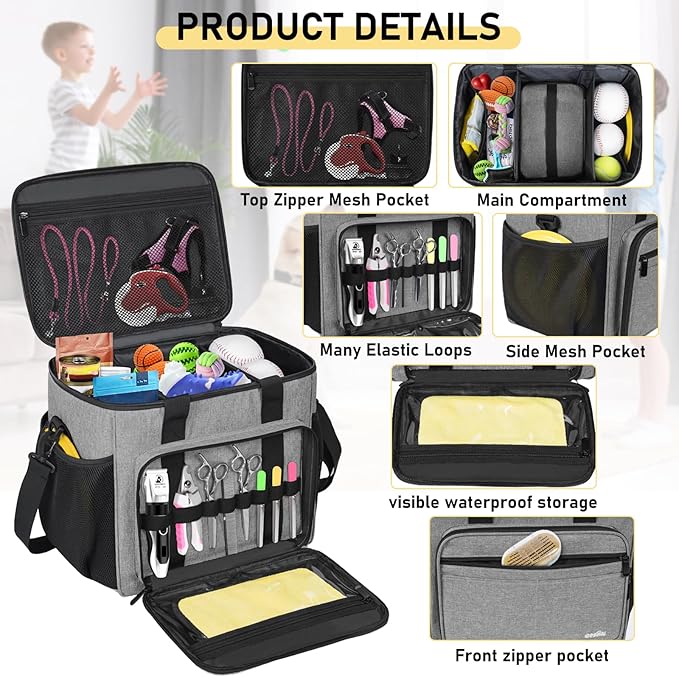 GMAK Pet Grooming Bag, Pets Grooming Tote Bags Supplies Organizer Case Dogs Cats Tools Organizer Tote for Pets Grooming Tools Kit, Clippers, Brush, Scissors or Other Pets Care Supplies, Grey(Bag Only)