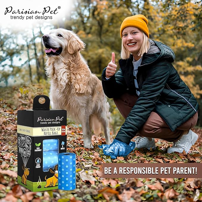 Parisian Pet Ecofriendly Dog Poop Bags Rolls - 160 Count Unscented Poop Bags For Dogs - Leakproof, Extra Thick, 8 Dog Waste Bags Refill Rolls - Polka Dot Blue Doggie Poop Bags - Fits All Dispenser