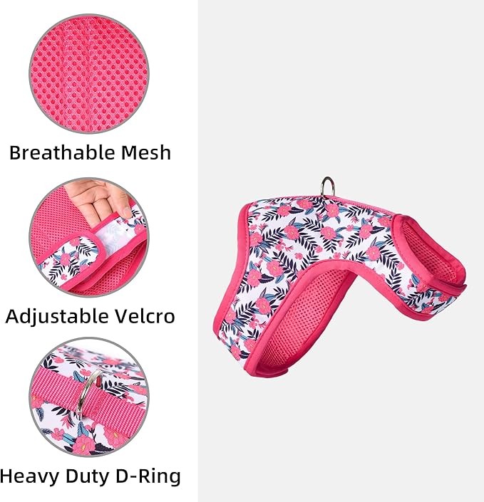Mile High Life Dog Harness, Air Mesh Floral Vest Harness for 20 lbs Small Dogs & Cats, Easy Get on Adjustable Easy Closures Both Neck and Chest(Peony, S Chest 16"-18")