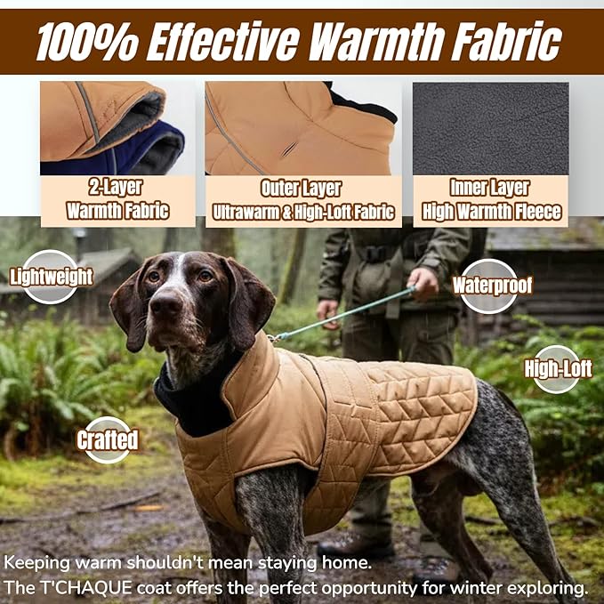 Outdoor Classic Quilted Upgraded Dog Winter Coat, Waterproof & Ultra Warmth Coats for Large Dogs, Lightweight Jackets Adjustable, Pet Turtleneck Snowsuit for Labrador Dalmatian(Khaki, 2XL)