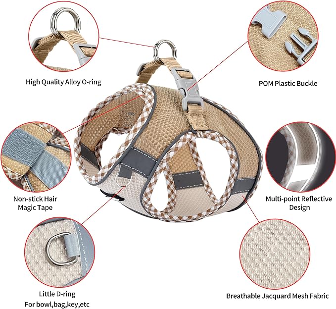 AIITLE Tiny Dog Harness - Lightweight Mesh Step-in Vest for Puppy, Reflective & Escape-Proof Design with High-Stick Magic Tape - Indoor/Outdoor Use for Chihuahua, Maltese, Shih Tzu(Brown-Beige, XXXS)