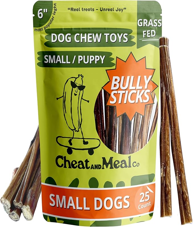 Bully Sticks for Small Dogs, (6 Inch, 25 Count), Small Chew Toy for Puppies and Senior, Natural, Single Ingredient, 100% Beef Pizzle, Long Lasting Treats, Grass Fed, Rawhide-Free
