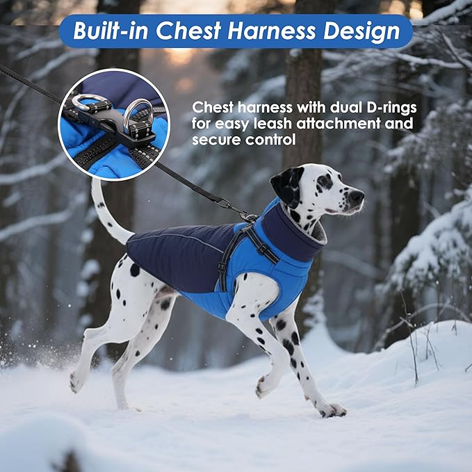 ASENKU Reflective Dog Coat with Built-in Harness, Windproof Fleece-Lined Dog Jacket for Small, Medium, Large Dogs, Warm Winter Vest with Turtleneck & Zipper (Navyblue L)