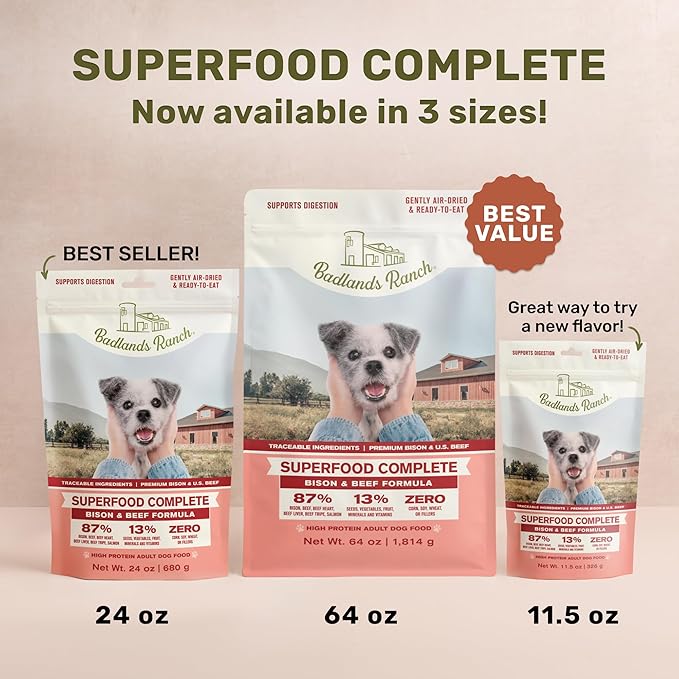 BADLANDS RANCH - Superfood Complete, Air-Dried Adult Dog Food - High Protein, Zero Fillers, Superfood Nutrition by Katherine Heigl (11.5 oz, Beef & Bison Formula)