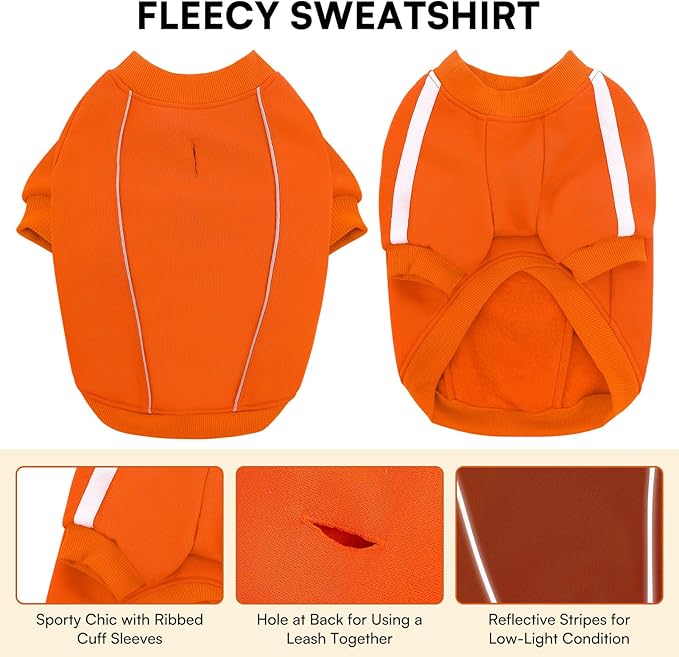 Queenmore Cozy Fleece Dog Sweater Small, Soft Pullover Dog Sweatshirt, Warm Winter Fleece Jacket with Leash Hole/Reflective Stripes for Small Medium Large Dogs Orange