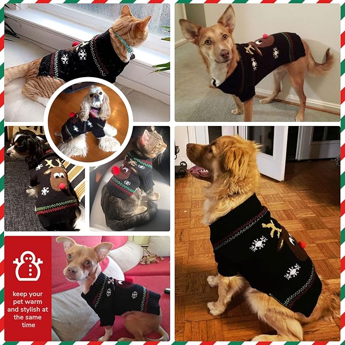 PETCARE Dog Christmas Sweater Black Ugly Funny Cute Cartoon Reindeer Cat Sweaters Jumper Holiday Dog Clothes Puppy Sweaters for Small Medium Large Dogs Fall Winter Outfits Xmas Dogs Costume,Large
