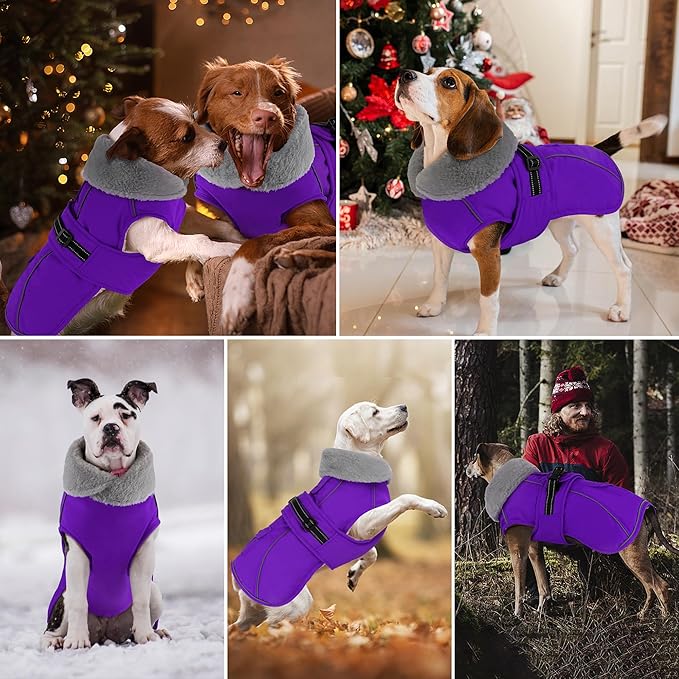 Dogcheer Dog Coat with Pocket, Waterproof Dog Jacket with Adjustable Buckle, Reflective Puppy Winter Coat Warm Turtleneck Fleece SnowJacket for Small Medium Large Dogs - Purple 2XL