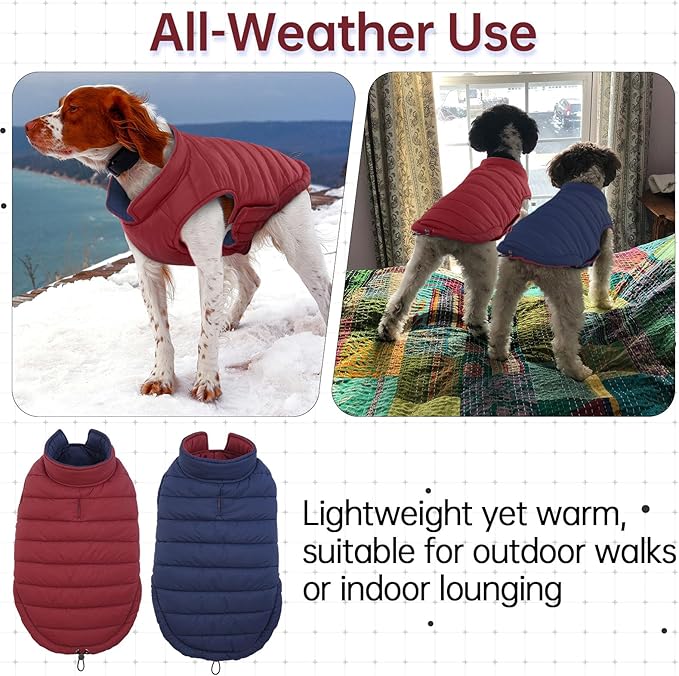 Lelepet Reversible Dog Coat Waterproof Dog Jacket Windproof Puffer Vest for Winter Warm Lightweight Coats for Small Dogs Adjustbale Hook & Loop Pet Apparel with Leash Hole, Chihuahua, Wine Red, XS