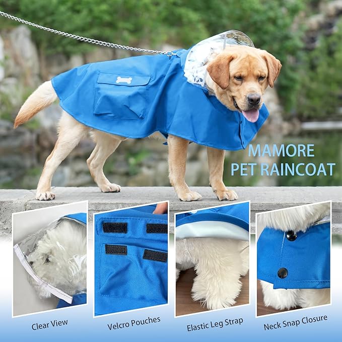 Dog Raincoat Waterproof, Adjustable Reflective Hooded Dog Rain Poncho with Leash Hole for Small Medium Large Dogs (Blue, Medium)