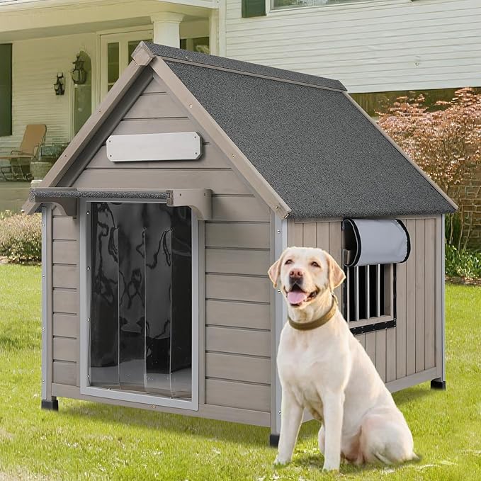 Large Dog House Outdoor, Wooden Indoor Dog House Kennel with Waterproof Roof, Chew-Proof Iron Frame, Doghouse Puppy Shelter for Medium Large Dogs, 30.5''x37.4''x39.3''