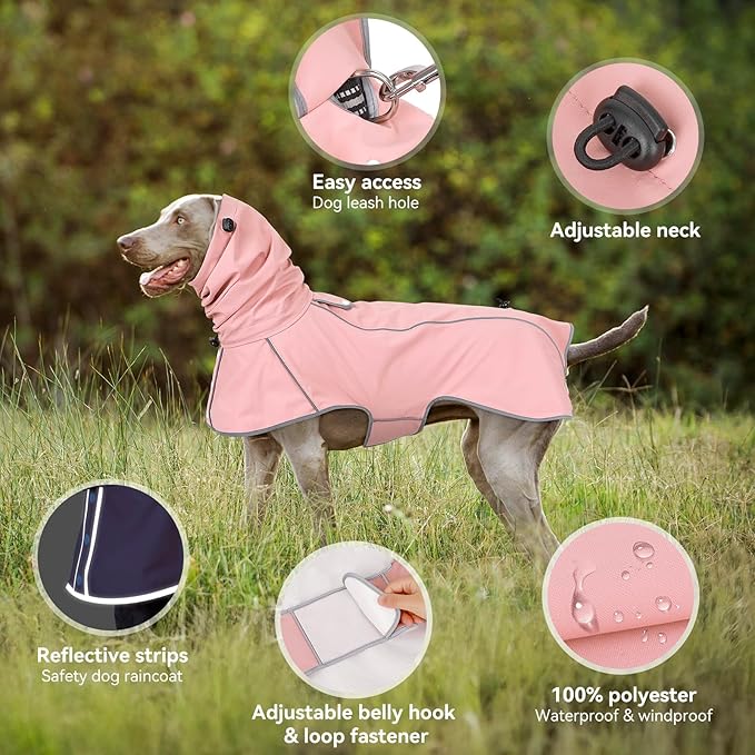Reflective Dog Raincoat, Windproof & Waterproof Dog Rain Jacket, Adjustable Hooded Pet Poncho with Leash Hole for Small, Medium, Large Dogs(S-2XL) (Pink, X-Large)