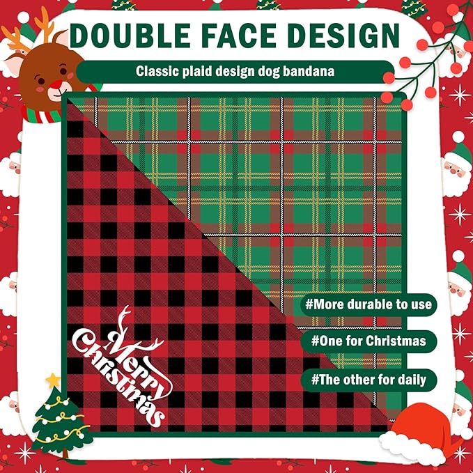 SCENEREAL Christmas Dog Bandanas 2 Pack, Puppy Xmas Santa Claus Elk Triangle Bibs Handkerchief, Reversible Holiday Dog Bandana for Boy and Girl, Premium Pet Scarf for Small Medium Large Dogs L