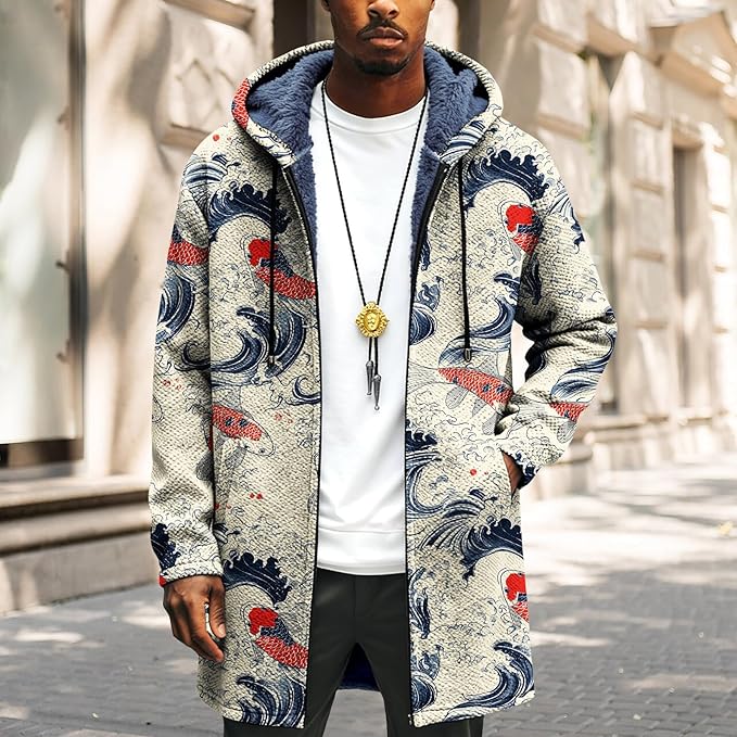 Mens Long Cardigan Hoodies Full Zip Fleece Lined Jackets Fashion Knitted Color Block Hooded Coat with Pockets